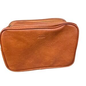 Dot&Dot Toiletry Bag Brown Faux Leather Travel Organizer Zippered Pouch